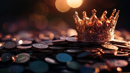A golden crown rests atop a pile of shimmering coins. This image symbolizes wealth and power. A royal touch juxtaposed with the allure of riches. Generative AI.