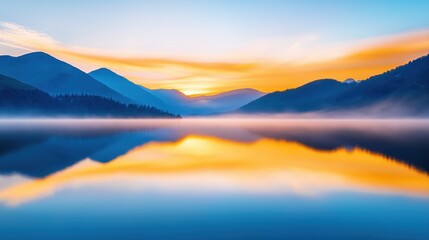 Fototapeta premium Serene Mountain Landscape at Sunrise with Soft Mist Over Calm Water Reflection
