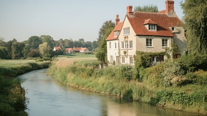 Obraz premium Cream House by Calm River in Sunny Countryside