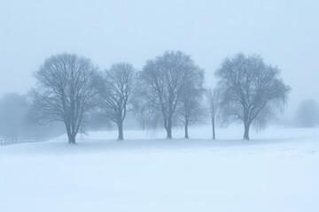 Fototapeta premium Four Snow Covered Trees in a Row on a Snowy Field under a Pale Blue Winter Sky