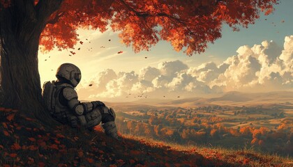 Astronaut contemplates the beautiful autumn landscape under the tree