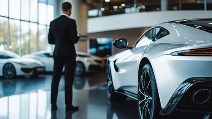 Lottery jackpot winner shopping for a custom luxury car at a high-end dealership. Featuring elegance and status