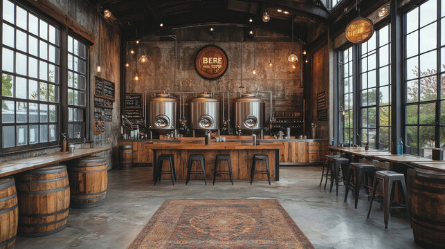 A cozy, industrial-style craft brewery with a taproom featuring locally made beer