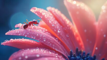 A vibrant ant exploring a petal of a pink flower adorned with dew drops. Nature showcases beauty and intricate details. Stunning close-up captures the essence of life. Generative AI