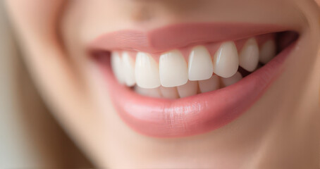 Obraz premium close up of smiling person with healthy white teeth and pink lips, showcasing dental health and oral hygiene