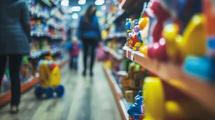 Thief alert in a toy store, staff noticing suspicious actions. Featuring immediate reaction and toy protection