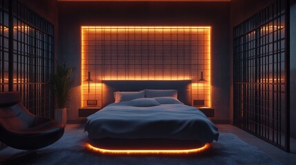 Fototapeta premium A contemporary prison room with a sleek bed frame, designer furniture, and soft, warm lighting 