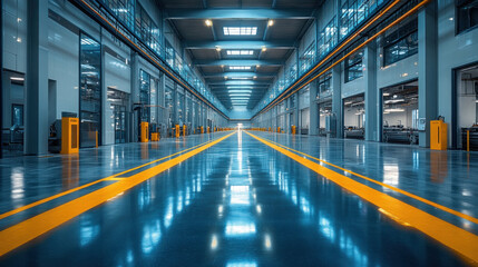 Obraz premium A factory optimized for natural light, with skylights and glass-panel walls reducing artificial energy use