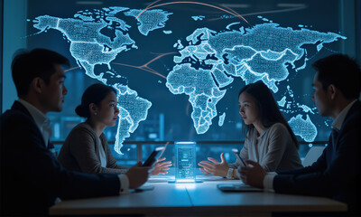 group of business professionals engaged in meeting with digital world map in background, discussing global strategies and technology integration