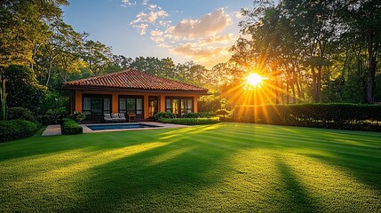 Naklejka premium Tropical sunset villa with pool, sun rays on lawn