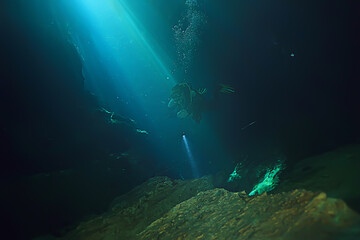 cave diving, diver underwater, dark cave, cavern landscape