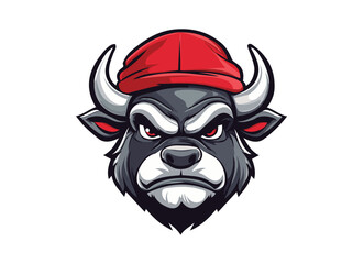Bull head mascot, Buffalo logo. Bull wearing red cap mascot. Bull t shirt design on a white background. Bull sports logo