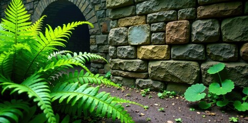 Fern fronds sprawl across weathered stone walls, plants, natural