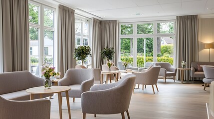 Fototapeta premium Modern lounge area with windows overlooking garden. Possible use Hotel/resort interior