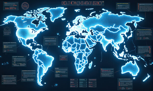 glowing digital world map displays various data points and statistics, highlighting global connections and information flow. map features bright blue outlines of continents against dark background