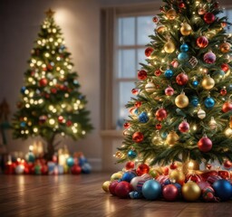 Fototapeta premium Festively decorated Christmas tree with colorful baubles and twinkling lights, festive colors, winter traditions, traditional tree