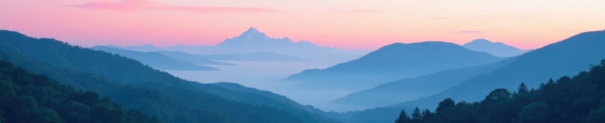 Fototapeta premium Soft pink and teal mist rising from a mountain range at dusk, trees, mountain, landscape