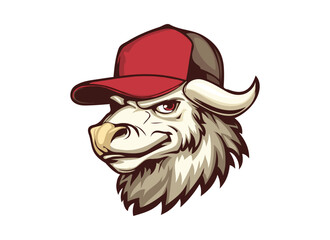 Bull smoking mascot logo design vector illustration. Bull head t shirt design on a white background. Bull head sports logo. Bull wearing a red cap mascot