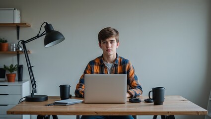 A teenage male programmer in casual clothes in a home office on a plain background
