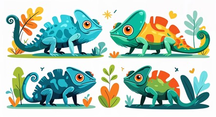 Fototapeta premium Set bundle of chameleon minimalist childish style illustration on plain white background