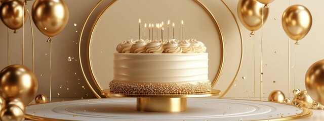 Luxurious Celebration Cake Surrounded by Gold Balloons and Elegant Decor for a Grand Event