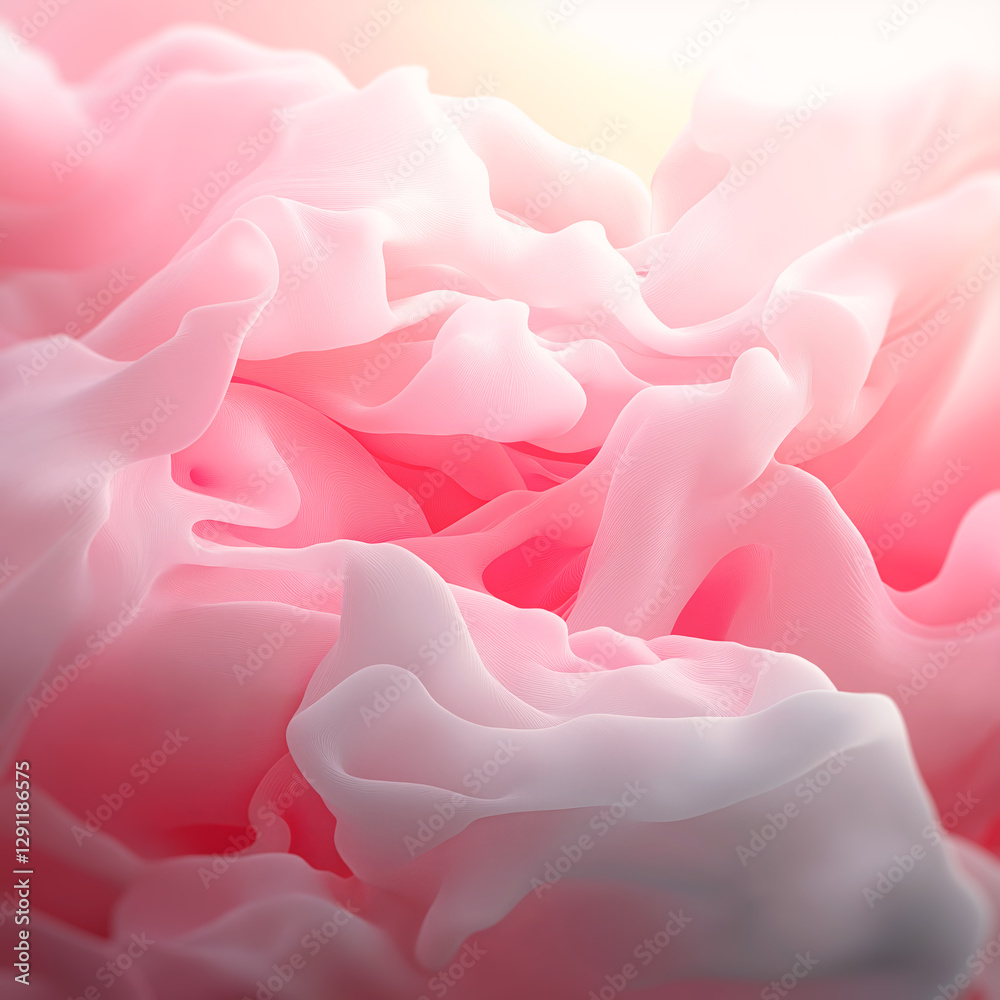 Poster A lightly abstract illustration where waves of soft shades of pink create a sense of airiness. Translucent forms overlap and interact fluidly