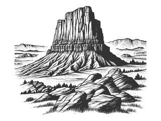 Butte rocky mountain plateau surrounded by desert terrain and distant hills sketch engraving generative ai vector illustration. Scratch board imitation. Black and white image.