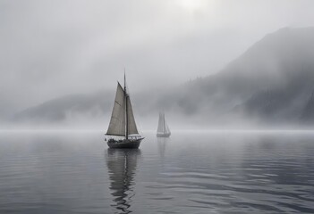Foggy waters of Gertner Bay Magadan, with a solitary wooden sailboat gliding through the mist, dense forest, weathered hull, grey skies