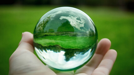 A crystal-clear glass sphere reflects a serene green landscape, held delicately in a hand, showcasing nature's beauty through a unique perspective