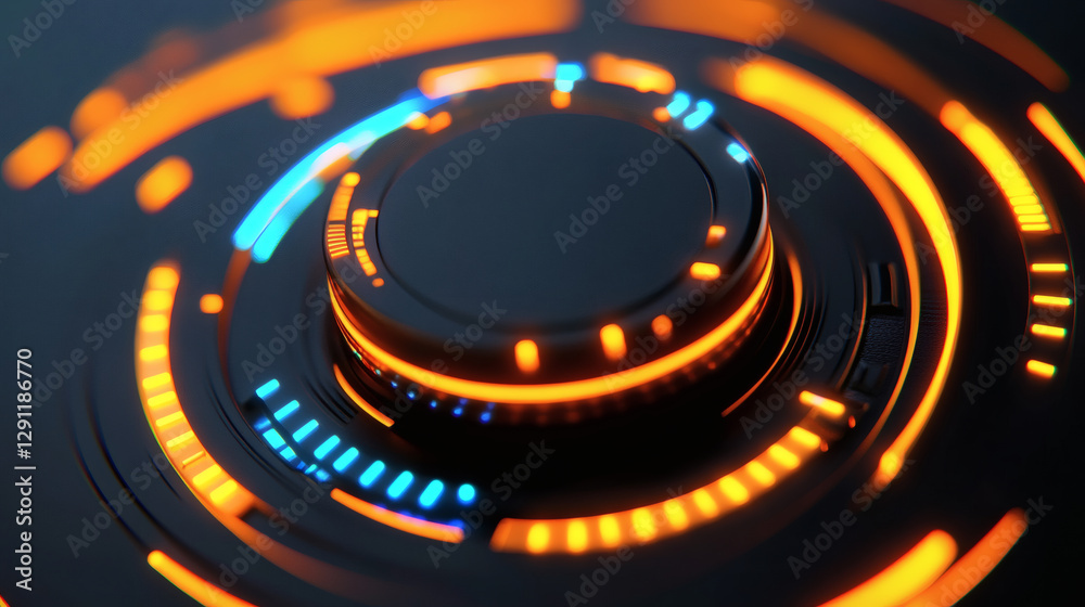 Poster a futuristic circular interface featuring vibrant orange and blue lights, creating a dynamic, tech-i