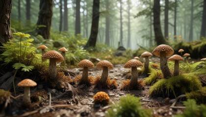 Forest floor with multiple morel mushrooms sprouting from different locations, morel mushroom, wild, brown