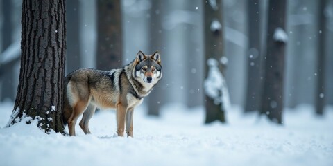 Fototapeta premium A majestic lone wolf stands amidst a snow-covered winter forest, its fur blending seamlessly with the serene landscape.