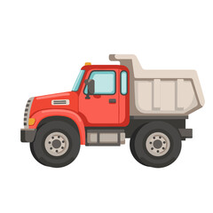 Illustration of a red and gray dump truck with large tires and a sturdy construction designed with a cute and flat vector style
