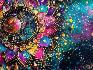 Vibrant mandala artwork featuring intricate patterns and cosmic colors on a dark background