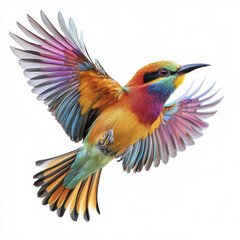 Fototapeta premium Colorful bird in flight with vibrant feathers and striking appearance. This stunning avian showcases blend of hues, creating captivating visual display