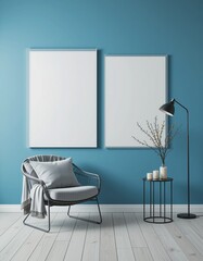 A stylish chair adorned with a soft gray cushion sits beside a tall lamp and a small table holding candles and a plant. The tranquil blue walls enhance the serene atmosphere, perfect for inspiration
