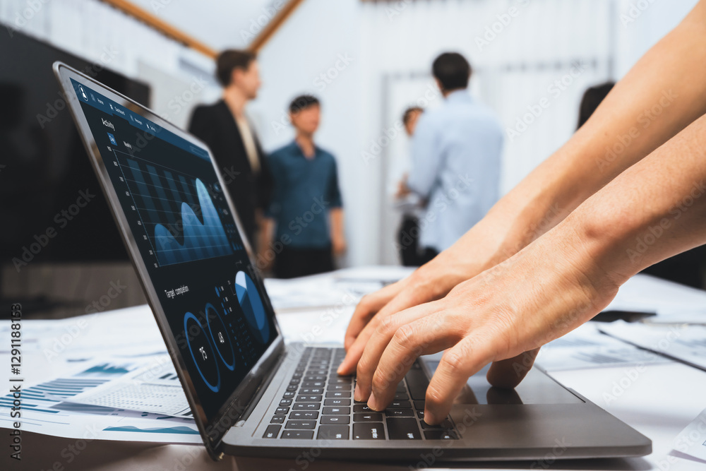 Poster analyst team uses bi fintech on a laptop to analyze financial data on blurred background. business p