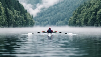 Solo rower on misty lake, scenic mountains