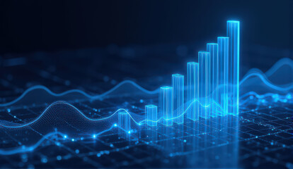 glowing blue 3D bar graph rises on digital grid, symbolizing data growth and futuristic analytics. background features network of interconnected lines and dots, enhancing technological theme