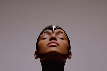 Elegant portrait showcasing unique makeup design and serene expr