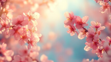 Obraz premium Delicate cherry blossoms burst into bloom, their soft pink petals shimmering in gentle sunlight. Nature awakens, inviting feelings of renewal and tranquility in springtime