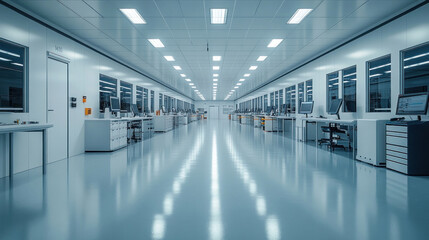 Fototapeta premium A minimalist industrial factory with a sleek white interior and ergonomic smart workstations