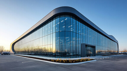 Fototapeta premium A minimalist modern factory with a curved glass facade, surrounded by a large parking lot and security fences