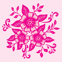Vector illustration with pink flowers and leaves. 