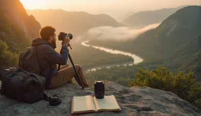 Naklejka premium photographer sits on rocky cliff capturing breathtaking sunrise over winding river and misty mountains, with camera and open notebook beside him