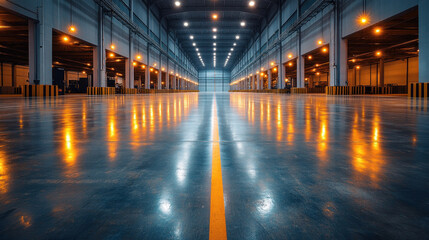 Fototapeta premium A newly constructed empty warehouse factory with smooth concrete floors and large open spaces