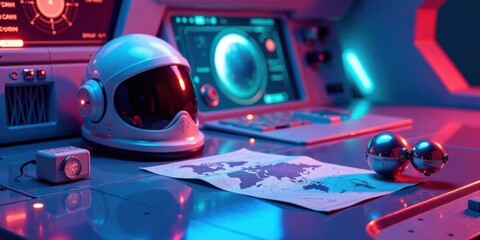 Futuristic Spacecraft Command Center Interior Featuring a Helmet, Global Map, and Spherical Objects Under Neon Lighting