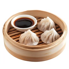 Steamed Dumplings with Pleated Edges and Dipping Sauce, Three-Quarter View, No Background