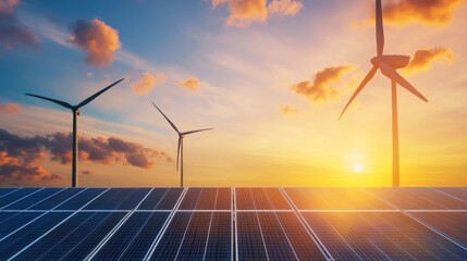 Solar Panels and Wind Turbines at Sunset