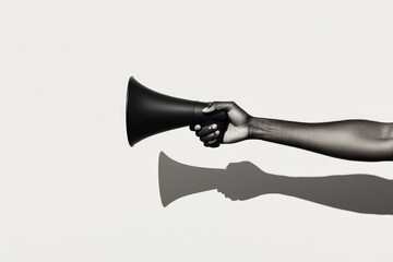 Hand holding black megaphone casts striking shadow on neutral ba